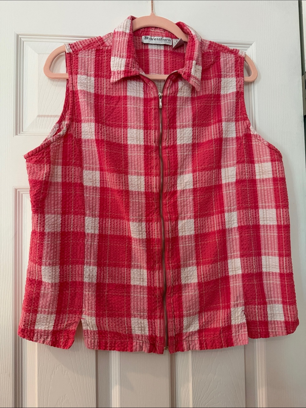dressbarn Red and White Plaid Sleeveless Zip-Front Shirt/Vest